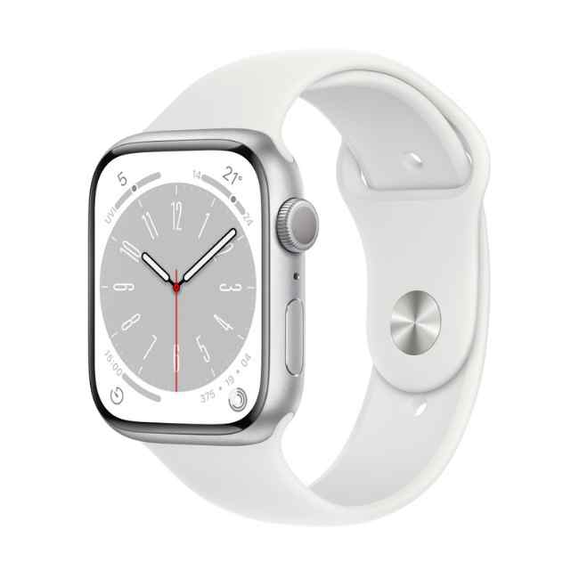 Apple Watch 8 Silver Aluminium Case 45mm with White Sport Band GPS