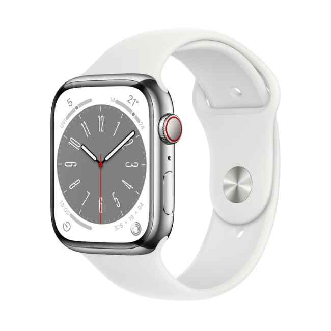 Ceas inteligent Apple Watch 8 Silver Stainless Steel Case 41mm with White Sport Band GPS + Cellular