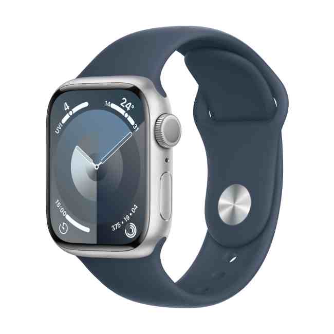 Apple Watch Series 9 Silver Aluminium Case 45mm GPS + Cellular with Storm Blue Sport Band M/L