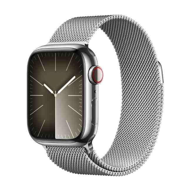 Apple Watch Series 9 Silver Stainless Steel Case 45mm GPS + Cellular with Silver Milanese Loop