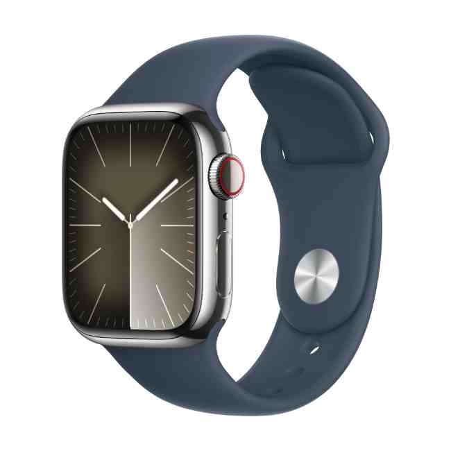 Apple Watch Series 9 Silver Stainless Steel Case 41mm GPS + Cellular with Storm Blue Sport Band S/M Ceas inteligent