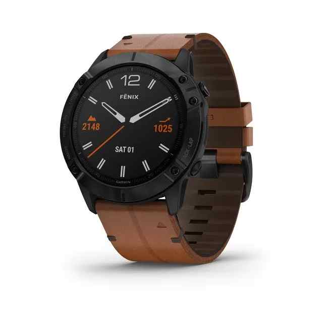 Garmin fenix 6X - Pro and Sapphire Editions Black DLC with Chestnut Leather Band