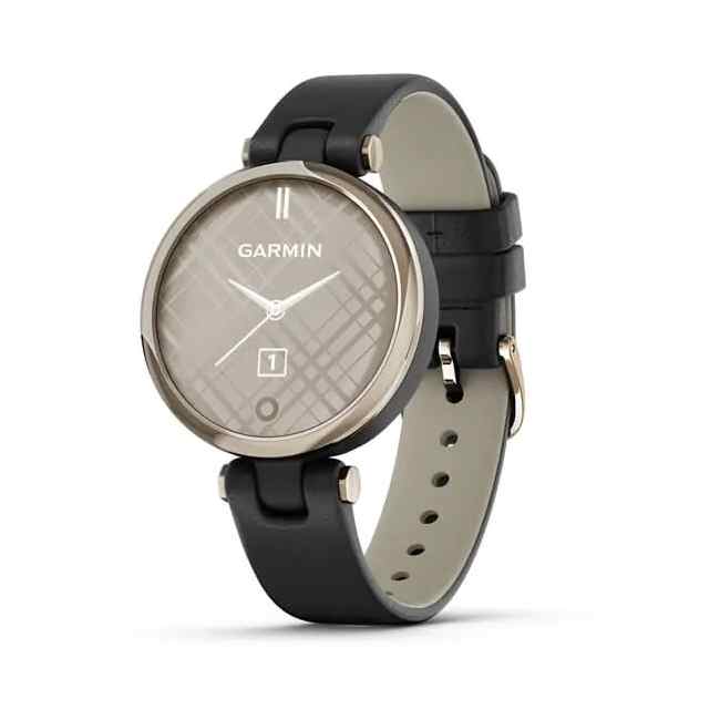 Garmin Lily Cream Gold Bezel with Black Case and Italian Leather Band