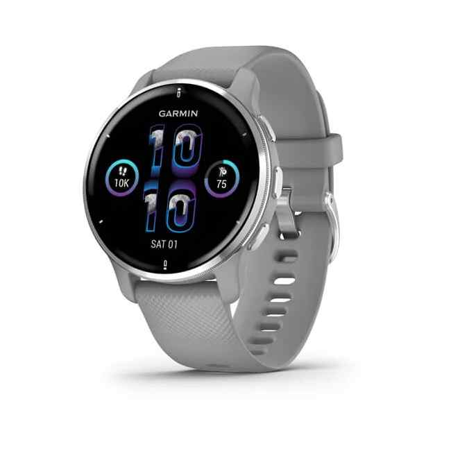 Garmin Venu 2 Plus Silver Stainless Steel Bezel with Powder Grey Case and Silicone Band