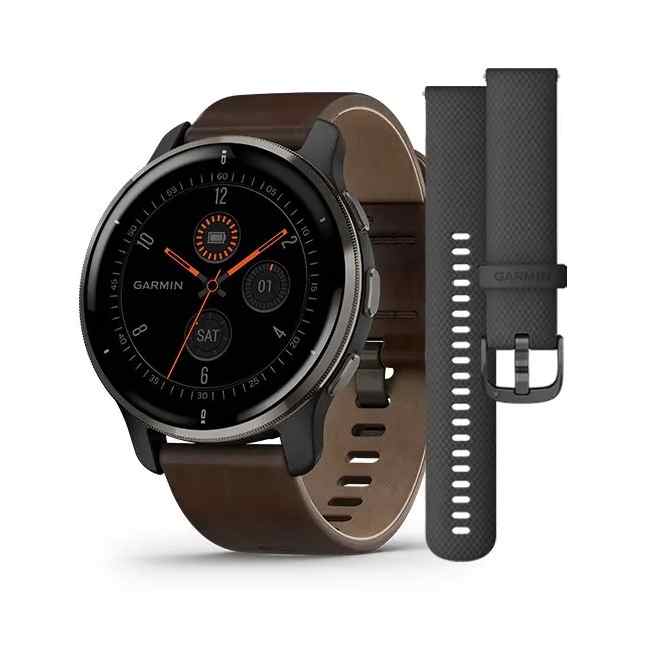 Garmin Venu 2 Plus Slate Stainless Steel Bezel with Slate Case and Brown Leather Band