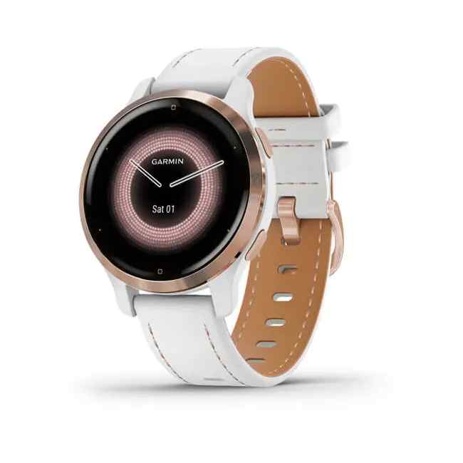 Garmin Venu 2S Rose Gold Stainless Steel Bezel with White Case and Leather Band