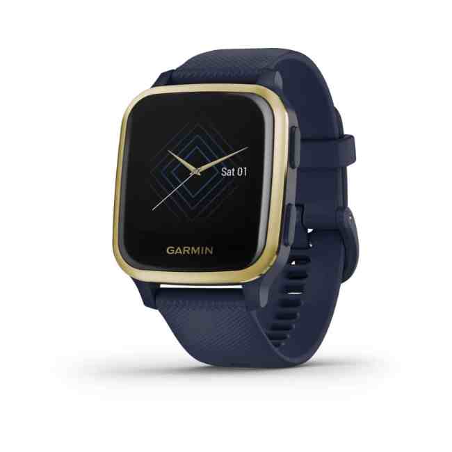 Garmin Venu Sq Music Edition Light Gold Aluminum Bezel with Navy Case and Silicone Band