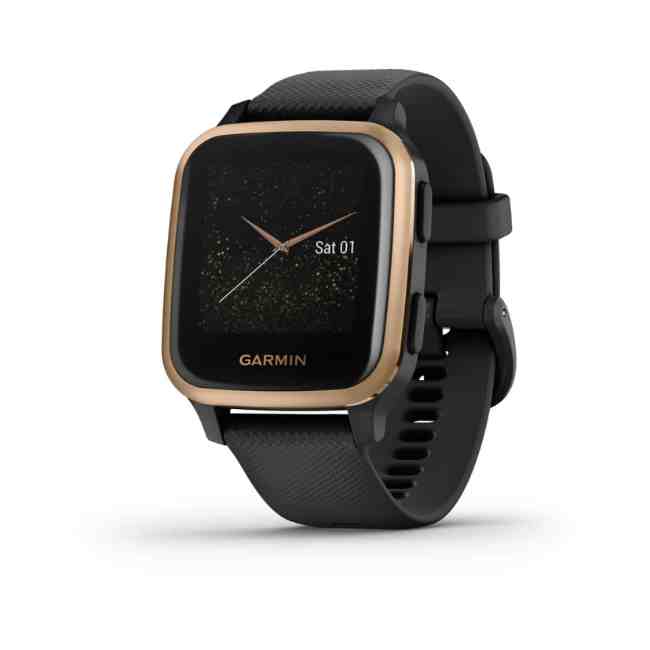 Garmin Venu Sq Music Edition Rose Gold Aluminum Bezel with Black Case and Silicone Band