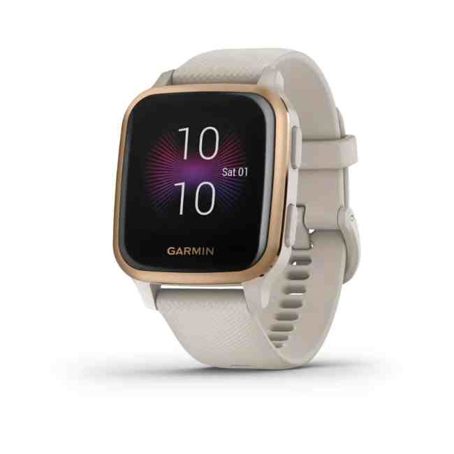 Garmin Venu Sq Music Edition Rose Gold Aluminum Bezel with Light Sand Case and Silicone Band