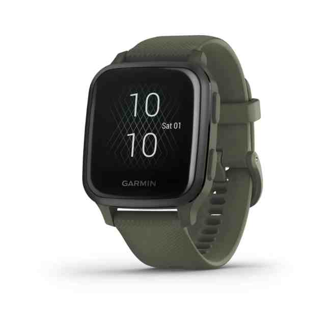 Garmin Venu Sq Music Edition Slate Aluminum Bezel with Moss Case and Silicone Band