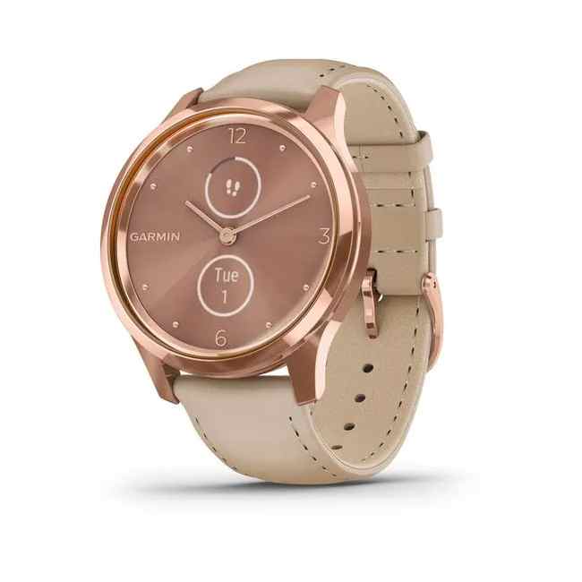 Garmin vivomove Luxe 18K Rose Gold Pvd Stainless Steel Case with Light Sand Italian Leather Band